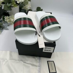 Gucci White Slides with Green and Red Stripes